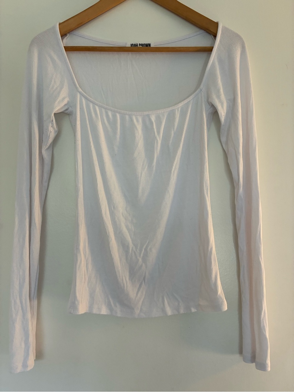 JOAH BROWN White Solid Ribbed Knit Scoop Neck Long Sleeve Pullover Top S/M